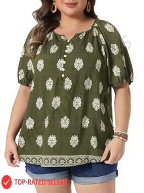 Plus Size Floral Boho Button Down Blouse V Neck Short Sleeve